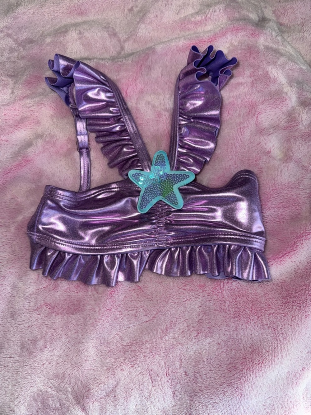 Disney Shiny Purple Ruffled Mermaid Bikini Top with Teal Starfish